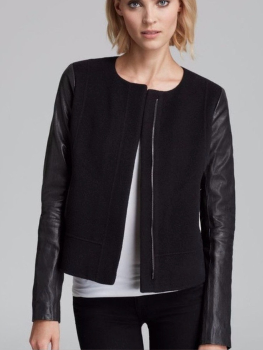 Vince Black Wool & Leather Sleeve Mixed Media Cropped Moto Jacket S